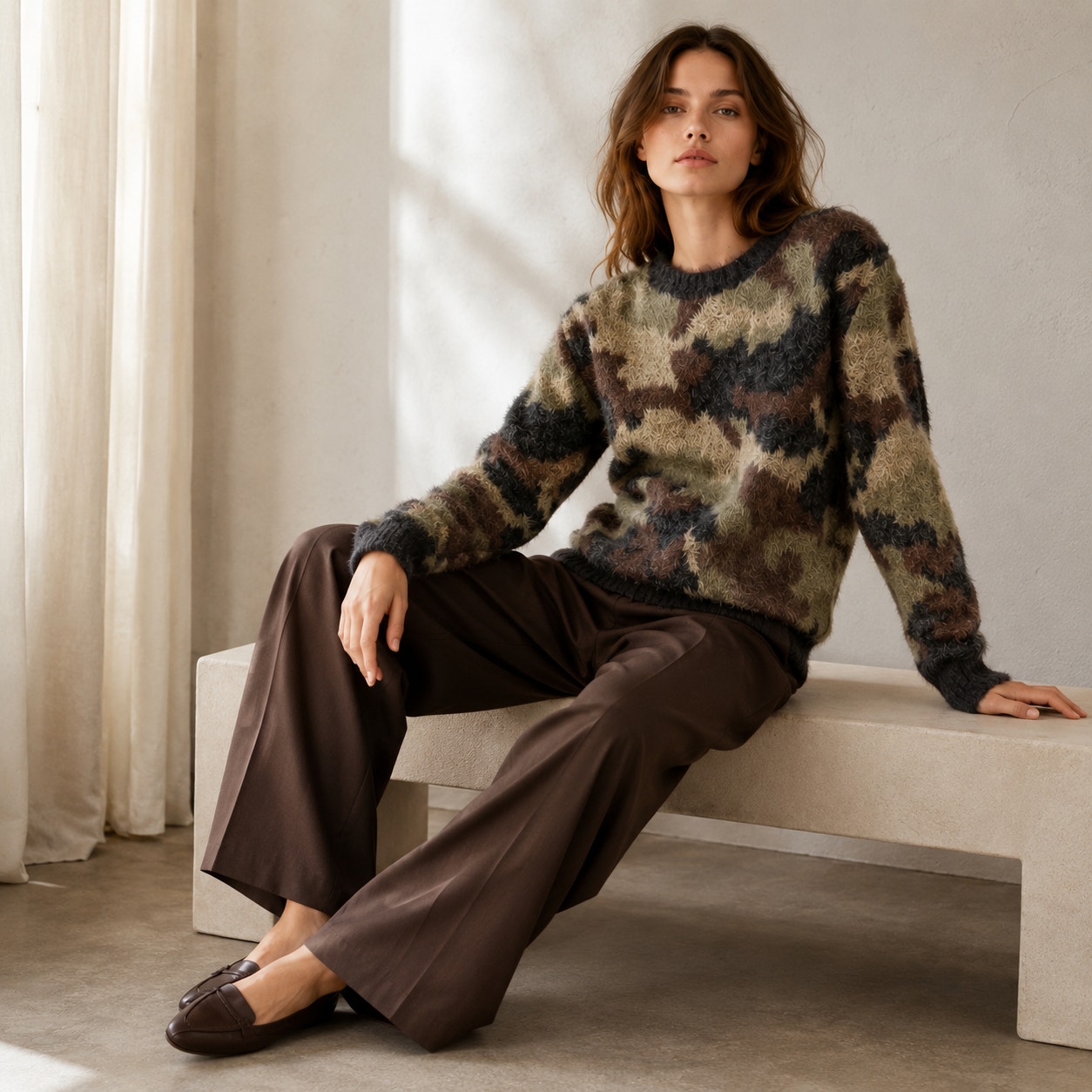 Anthropologie Cloth & Stone Camo Fuzzy Crewneck Pullover Sweater, Size Xs